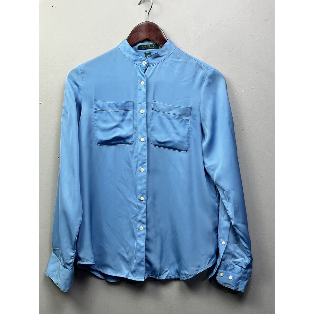 Lauren‎ Ralph Lauren Womens Shirt XS Extra Small Pockets Button-Front Blue Flaw